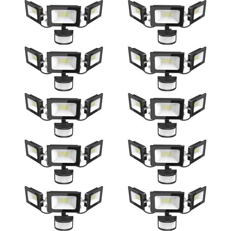 Projecteur LED Détecteur de Movement - 50W 5000LM Ultra Lumineux 3 Tête Spot LED Extérieur, IP65 Etanche Éclairage de Sécurité Extérieur PIR pour Cour Porche Jardin Garage, 10 Pack