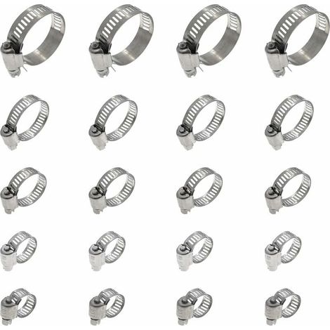 20 Pièces Collier De Serrage Tuyau, Collier De Serrage Tuyau Réglable 16-25mm, 304 Collier De Serrage Inox, Collier Serrage Métallique, Pour Tuyau, Home Gaz, Famille Tuyau D'eau, Câble, Robinet, Etc z (1/5)