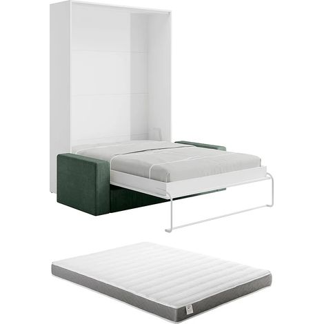 Letto a scomparsa 140 x 200 cm - Apertura verticale manuale - Bianco + Materasso + Divano Verde - BEGANIO (1/5)