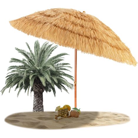 Parasol Plage Hawaïen Inclinable, Paille Tropicale 8 Baleines, Mât en Fer Bouton d’Ouverture, Exotique Portable Balcon Appartement-Plage-Patio