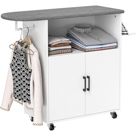 Armoire à repasser à roulettes avec trengle à vêtements, étagère ouverte et planche à repasser, 125 x 43.5 x 102.5 cm, blanche