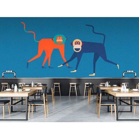 Papier peint panoramique singes pour chambre d'enfant Tapisserie panoramique bleue et orange Papier peint panoramique animaux original (1/3)