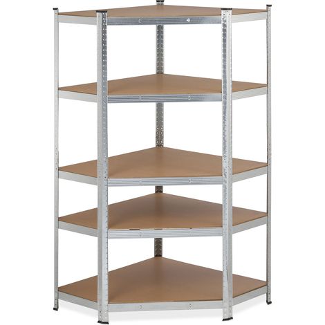 Relaxdays Corner Shelving Unit, Heavy Duty, Galvanised Steel, Max. Load 875 kg, 181 x 128 x 92 cm, 5 Shelves, Silver