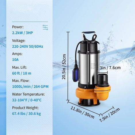 Pompe eau 2200 W – Submersible – Haute puissance – Pour piscine, sous-sol, spa – Évacuation rapide