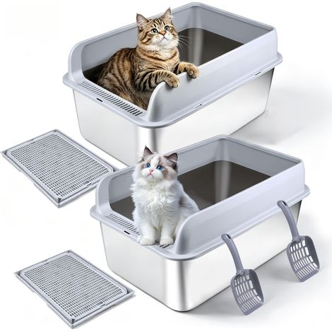 Lot de 2 bacs à litière XL en acier inoxydable pour chat - 60 x 40 x 30 cm - Extra large, anti-fuite, anti-adhésif, facile à nettoyer, anti-rayures, avec pelle en plastique et tapis à litière (1/5)