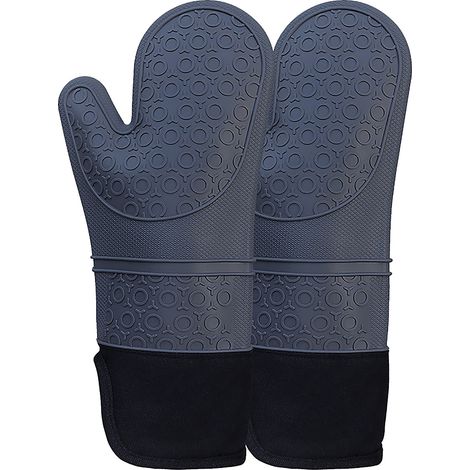 par de guantes de cocina, de silicona y algodón, resistentes al calor hasta 200 °C, antideslizantes, largos, para cocinar, horno y parrilla. (1/5)