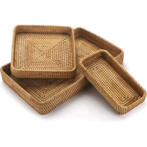 Lot de 3 plateaux osier rectangulaires – service décoratif – cuisine/comptoir – tressage naturel (1/3)