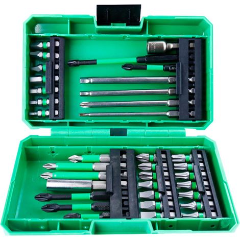 Juego de 27 brocas de impacto para taladro y tornillos, aptas para madera, metal y cemento, con estuche de almacenamiento. (1/5)