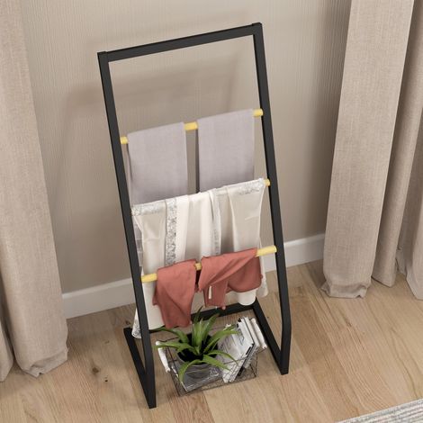 Porte-serviettes bambou et métal 4 barres, 98 x 40,5 x 28 cm, finition bois sombre et acier noir. (1/5)