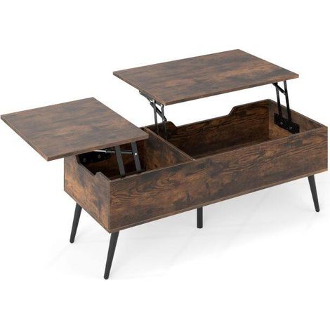 Table basse marron rustique à plateau relevable avec 2 compartiments cachés et pieds en métal pour salon, bureau et salle à manger (1/5)