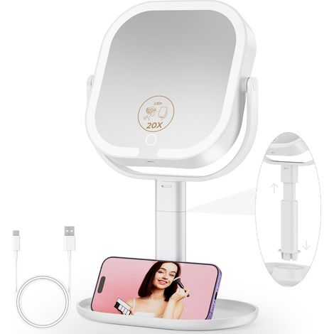 Miroir Grossissant Lumineux X 20, Miroir Maquillage, Miroirs Maquillage Lumineux sur Pied Double Face,3 Couleurs à intensité Variable, Hauteur Réglable Miroir grossissant de Voyage (1/5)