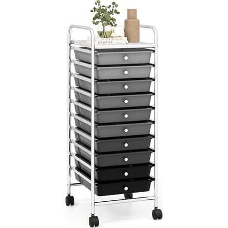 COSTWAY Estantería Baño, Carrito Auxiliar con Ruedas, Organizador Baño con Estructura de Metal, Carro Auxiliar con Cajones de Pástico Extraíbles, para Cocina, Baño (Negro Degradado,10 Cajones) (1/5)