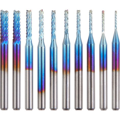10 fraises en acier tungstène pour machine à graver (fraise plaquée bleue 0,8-3,175 mm) (1/3)