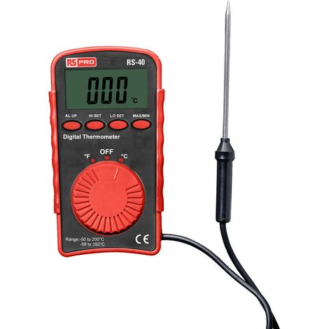 Rs Pro – Thermomètre numérique filaire – Mesure jusqu'à +200 °C – Précision ±2 °C – Dimensions 113 x 61 x 13mm – Résolution 0,1°