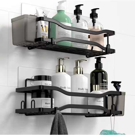 Duschablage ohne Bohren 2 Stück mit 4 Haken, Duschregal Edelstahl für Dusche, Duschorganizer für Bad, Schwarz