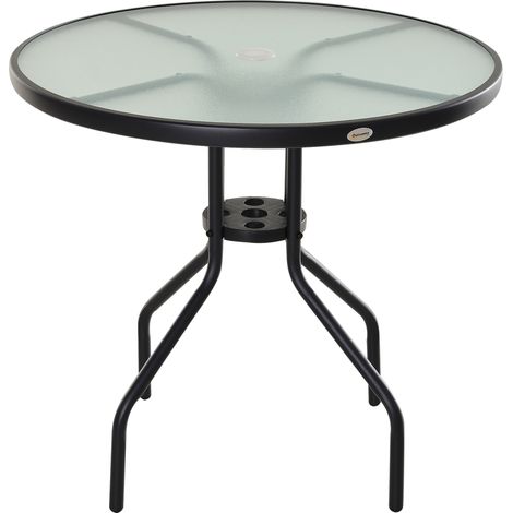 Table jardin ronde verre trempé trou parapluie structure métallique Ø80x72 cm Noir