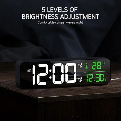 Reloj despertador digital LED grande para dormitorio con luz, temporizador de escritorio, indicador de temperatura y alarma musical reloj despertador digital LED negro (color: negro). (1/3)