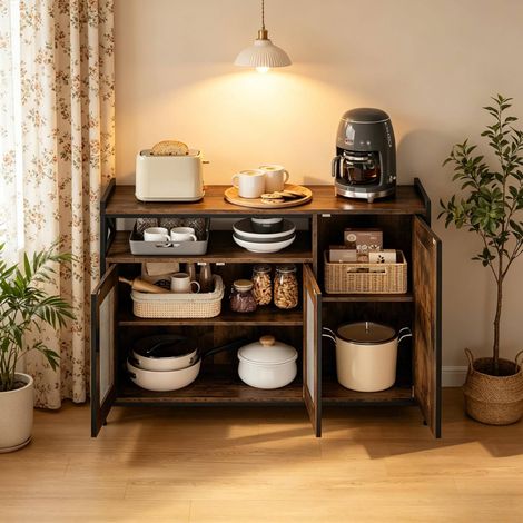 Buffet de cuisine 110x33x75 cm brun rustique en bois d’ingénierie et métal avec étagères réglables (1/5)