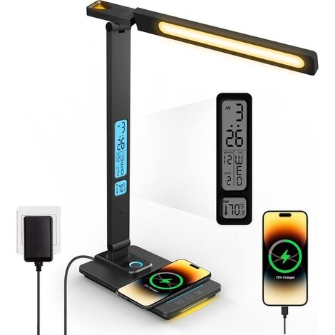 Lampe De Bureau Led Dimmable Avec Fonction - De Charge Horloge Lampe De Table Veilleuse Avec Chargeur Sans Fil 10W, Port De Charge Usb (1/3)