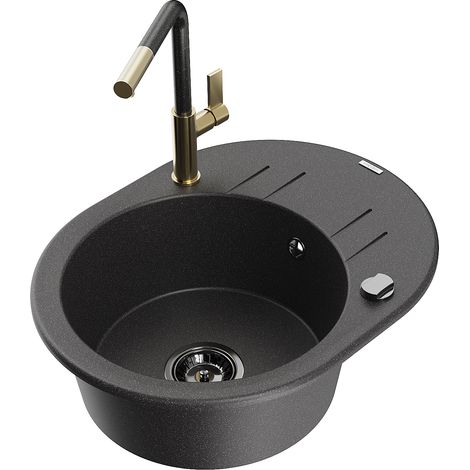 Mexen Kevin fregadero de granito de 1 recipiente con escurridor y grifo de cocina Flora, negro moteado - 6517-76-670401-75-B (1/5)