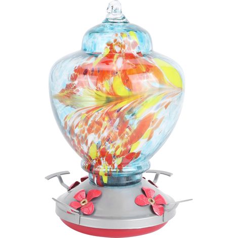 Comedero para colibríes – Dispensador de néctar de vidrio de color tipo B, ideal para alimentar a las aves en el jardín y el patio. Base resistente a polillas y plagas. (1/5)