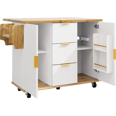 Carrello da cucina mobile con sgabelli, isola cucina con presa elettrica, bianco effetto legno (1/5)