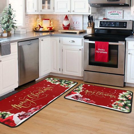 Weihnachtliches Küchenmatten-Set, 2-teilig, rutschfeste Fußmatten mit Weihnachtsmotiv, waschbar, weich und komfortabel, dekoratives Teppich-Set (40x120 cm + 40x60 cm, Weihnachtsmotiv) (1/4)