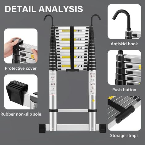 Stanew – Échelle télescopique pliante 6.2M en aluminium – Stabilisateur et crochets amovibles – Marches antidérapantes de 40cm – Charge maximale élevée