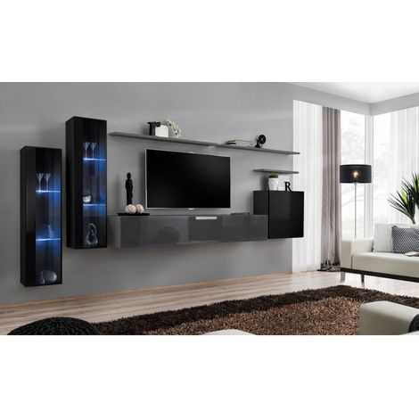 Ensemble mural - Switch XI - 2 vitrines LED - 1 banc TV - 1 vitrine carrée - 3 étagères - Noir et graphite - Modèle 2 - Livraison gratuite
