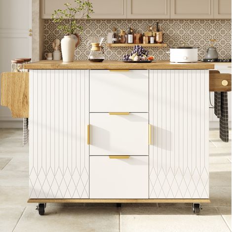 Carrello da cucina 134x46/74x88 cm bianco in MDF e metallo con piano ribaltabile, prese integrate e ruote (1/5)