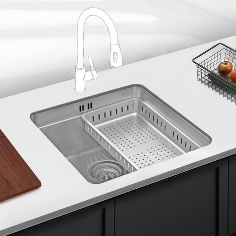 JASSFERRY 440 x 440 mm Undermount Kitchen Sink Single Deep Bowl with Stainless Steel Dish Drainer Rack with Strainer Waste (1/5)