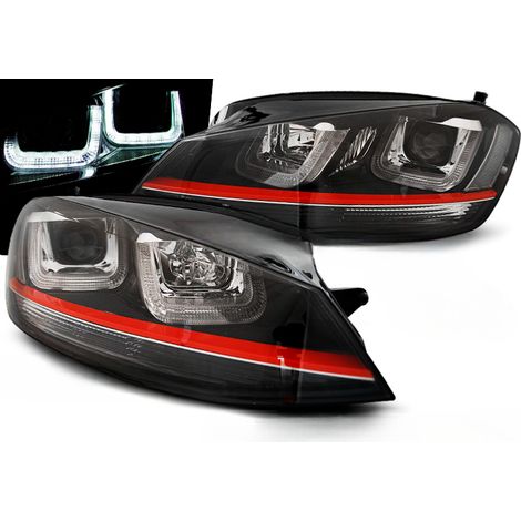Paire feux phares VW Golf 7 de 2012 a 2017 Daylight led U-type Look GTI noir ligne rouge-27361970