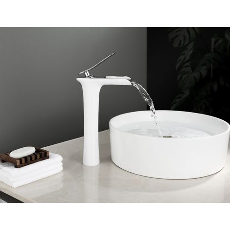 Hochsitzende Waschtischarmatur, Wasserfall-Waschtischarmatur, polierte Chrom-/weiße Badarmatur für Waschbecken und Badewanne, Einhebel-Warm- und Kaltwasserarmatur