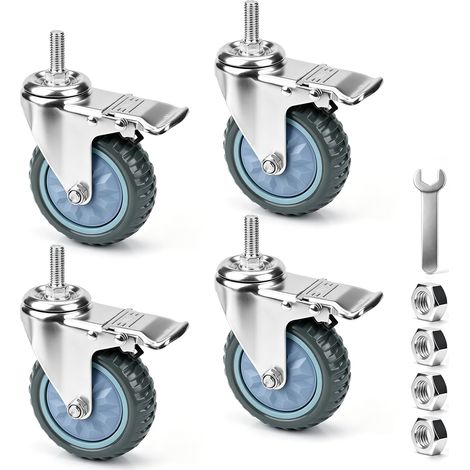 110mm 4 Roulettes Pivotantes à Tige M12 × 35mm avec 4 Frein Double Blocage 360° Roue Jusqu'à 420kg Roulettes Charge Lourde Verrouillables pour Chariot Meubles Industriel (1/5)
