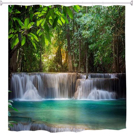 Cascade De La Thailande À Kanchanaburi Exotique Forêt Tropicale Arbres Nature Paysage Imperméable À l'eau Long Épaissir Tissu Rideau De Douche en Polyester avec Crochets 180x180 cm (1/3)