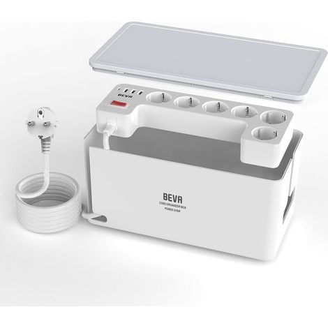 Boite Multiprise Cachée avec Cable 2M, Blanc 1050J Multiprise Parafoudre et Surtension, Boite Rangement Cable Multiprise, 6 Prise Multiple USB avec 3 USB-A+1 USB-C(15W) (1/5)