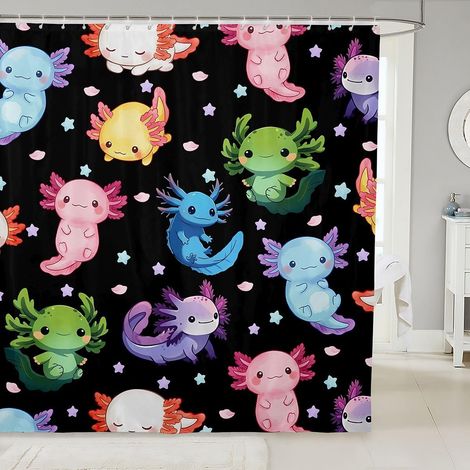 Rideau Douche 180x210cm Axolotl Rideaux de Douche Salamandre Kawaii Rideau de Baignoire Vie Marine Océanique Dessin Animé Rideaux Salle de Bain Motif Étoile Coloré - 180L X 210H cm (1 Panneaux) (1/5)