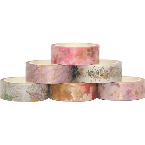 Lot de 6 rouleaux de ruban adhésif Washi en feuille d'or florale, 15 mm de large, feuilles de plantes, fleurs, autocollants adhésifs décoratifs pour bricolage, loisirs créatifs, journaux, planificateu (1/5)