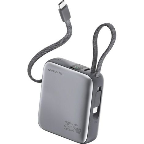 4smarts Pocket Powerbank mit Doppelkabel, 10000 mAh, 22,5 W, integriertem USB-C-Kabel (15 cm), grau (1/5)