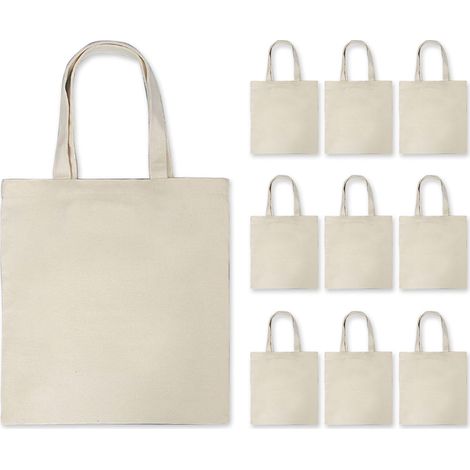 Canvas Tote Bags, 10pcs Reusable Solid Color Foldable Lightweight Handbag Canvas Shop Bags (Beige) (1/5)