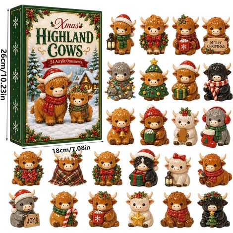 Calendrier de l'Avent 2026 Vache Highland écossaise - 24 adorables ornements de Noël en acrylique 2D - Compte à rebours de 24 jours pour décorer le sapin et cadeau original pour les amoureux des anima