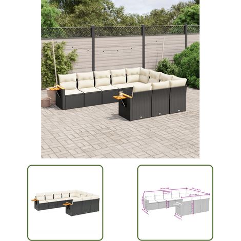 The Living Store 10-tlg. Garten-Sofagarnitur mit Kissen Schwarz Poly Rattan - Gartenmöbel - Esszimmergarnituren - Outdoor Möbel - Lounge Set - Rattan Sofa