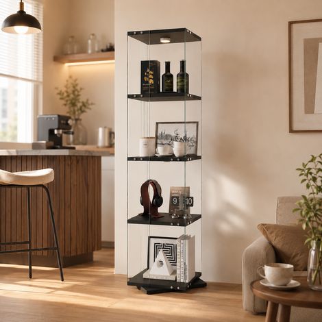 Vitrine Rotative 360° avec Éclairage LED, Vitrine en Verre avec 4 Étagères, Vitrine sur pied, Anti-basculement, Noir