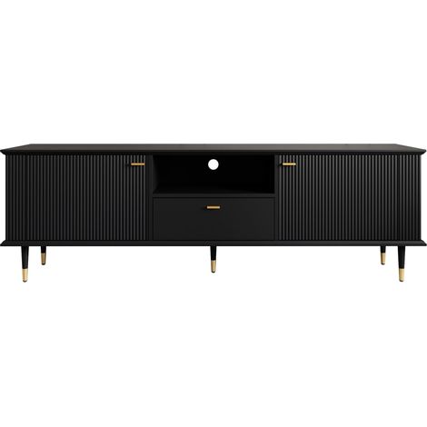 Meuble TV en MDF noir avec portes, tiroir et étagère ouverte, pieds métalliques dorés, charnières soft-close (1/5)