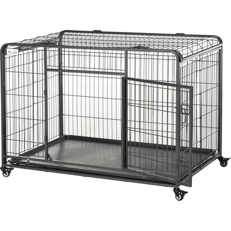 Kennel Gabbia per Cani Pieghevole a Doppia Porta con Blocco, Box per Cani con 4 Ruote con Freno e Fondo Rimovibile, 125x76x81cm, Grigio Scuro