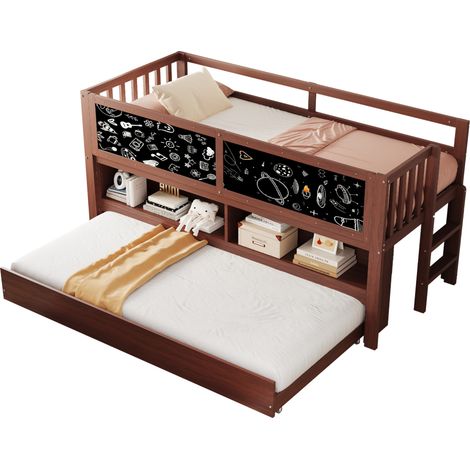Lit cabane enfant 90x200 avec lit gigogne, tableau à craie, rangements ouverts et échelle, coloris marron, en bois, CHICFURN (1/5)