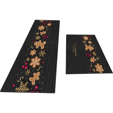 Lot de 2 tapis de sol rectangulaires lavables pour la cuisine, motif Noël - Style 6, 50×80 + 50×120 cm (1/2)