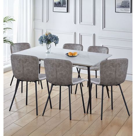 Hallowood Furniture Cullompton Large Rectangular Dining Table and Chairs Set 6, White Marble Effect Kitchen Table with Chairs in Taupe Faux Leather Upholstery, Dining Room Sets for Home or Cafe (1/5)