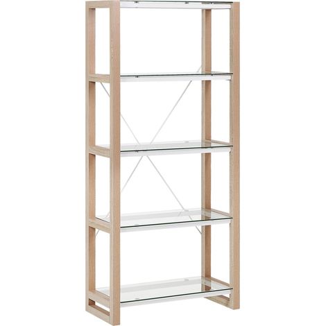 Estantería de madera blanca y madera clara estantes de vidrio estantería independiente diseño escandinavo Jenks