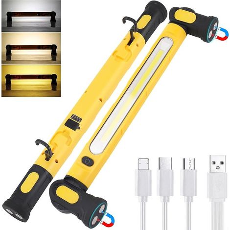 Lampe Mecanicien Baladeuse LED Rechargeable Atelier Travail Mecanique Auto Capot Voiture 5000mAh Portable COB Lumiere Rampe avec Crochets et Base Magnétique pour Réparation, Garage, Atelier[Jaune] (1/5)
